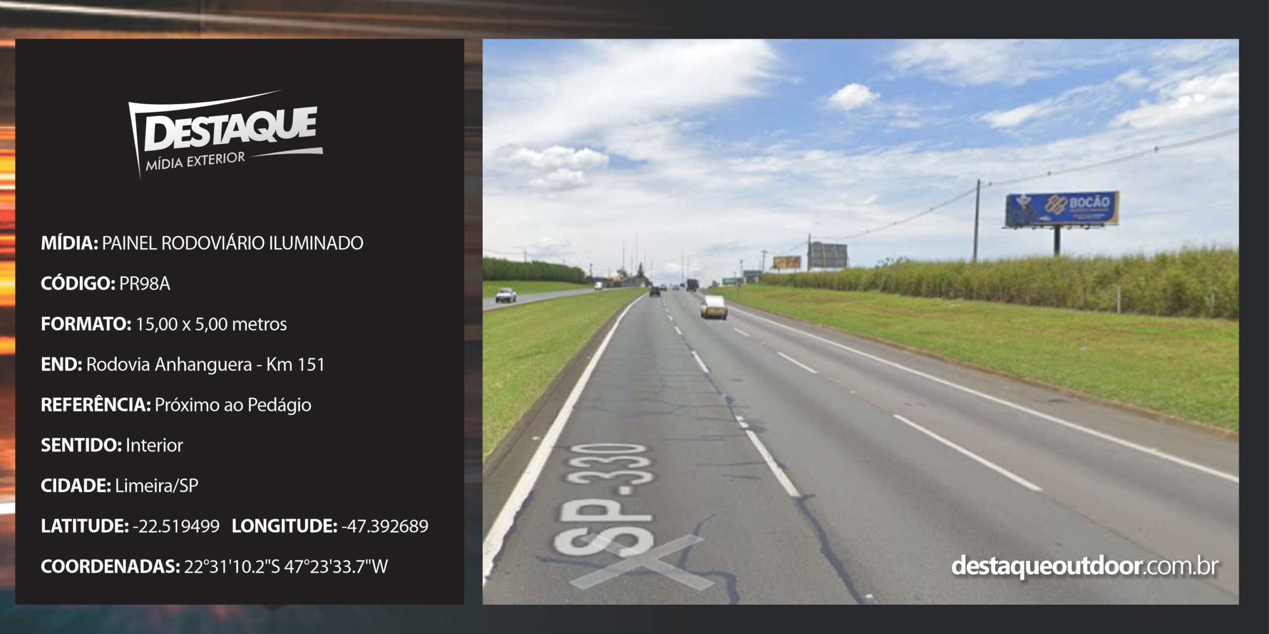 Cód. PR98iA - Painel Rodoviário - 15x5m - ILUMINADO